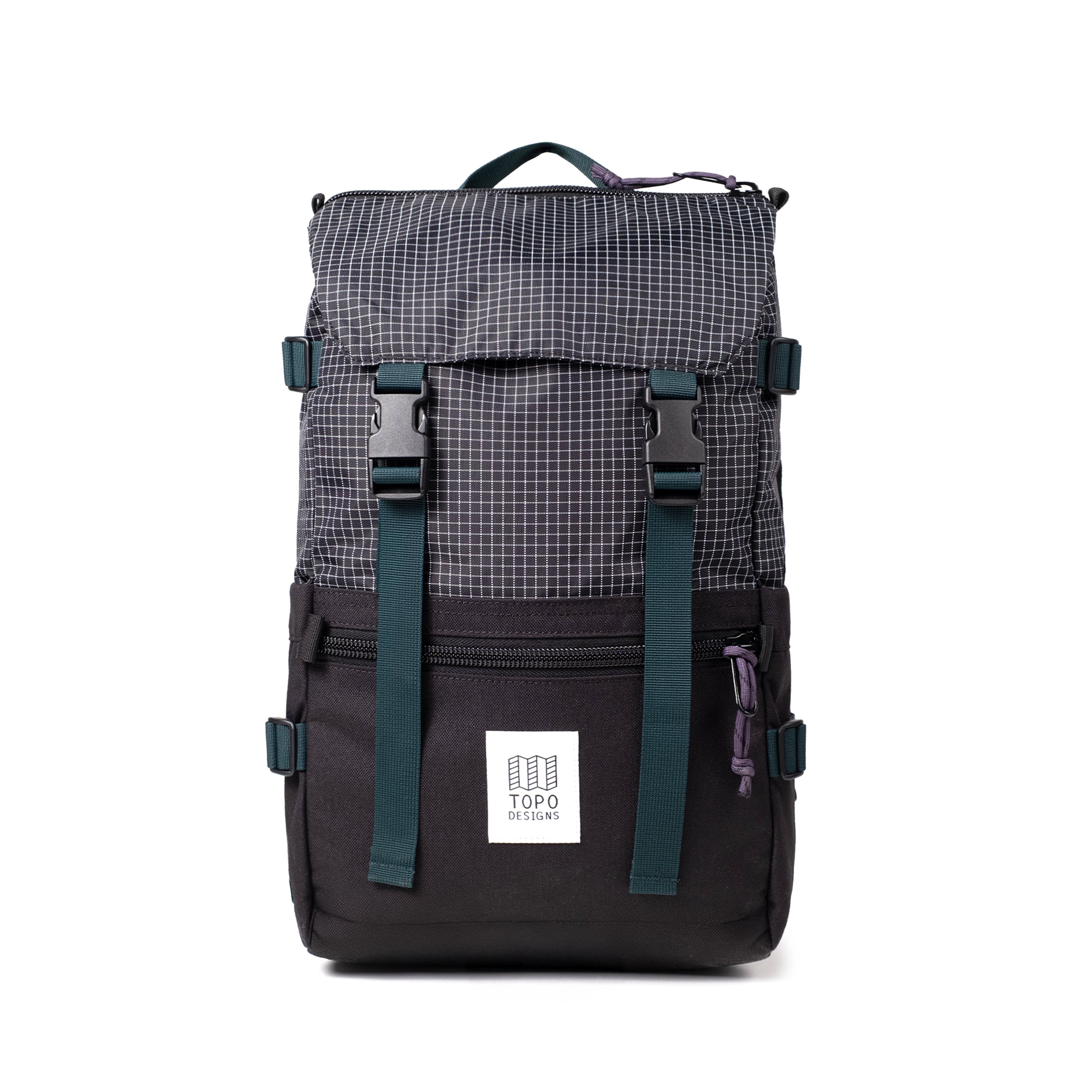Topo Designs Rover Pack Classic in Black White Grid — angle view 2 # color_Black White Grid