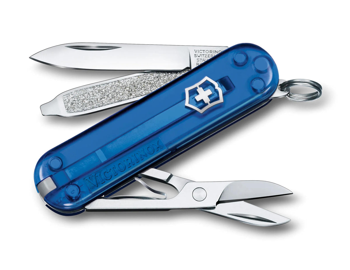Victorinox Classic SD Swiss Army Knife in Blue Transparent — angle view 2