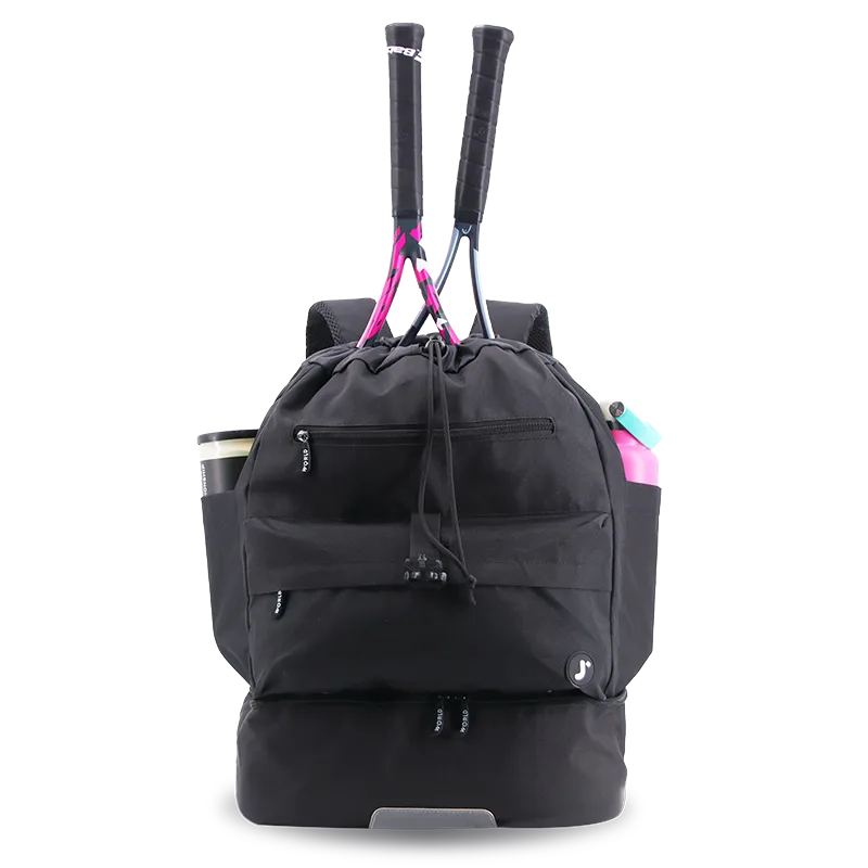 J World Ace Racket Sports Backpack for Tennis & Pickleball in Black — front view 2 # color_Black