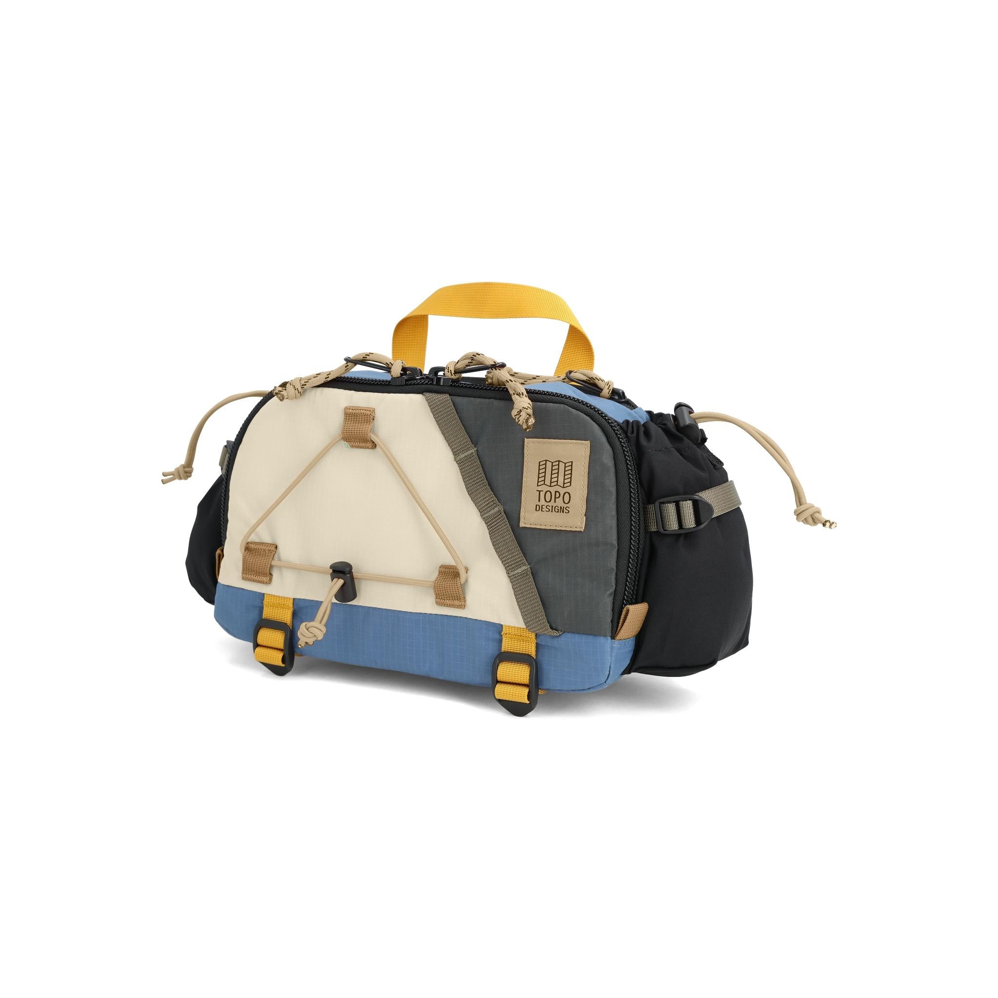 Topo Designs Mountain Hydro Hip Pack in Stone Blue Bone White — angle view 2 # color_Stone Blue Bone White