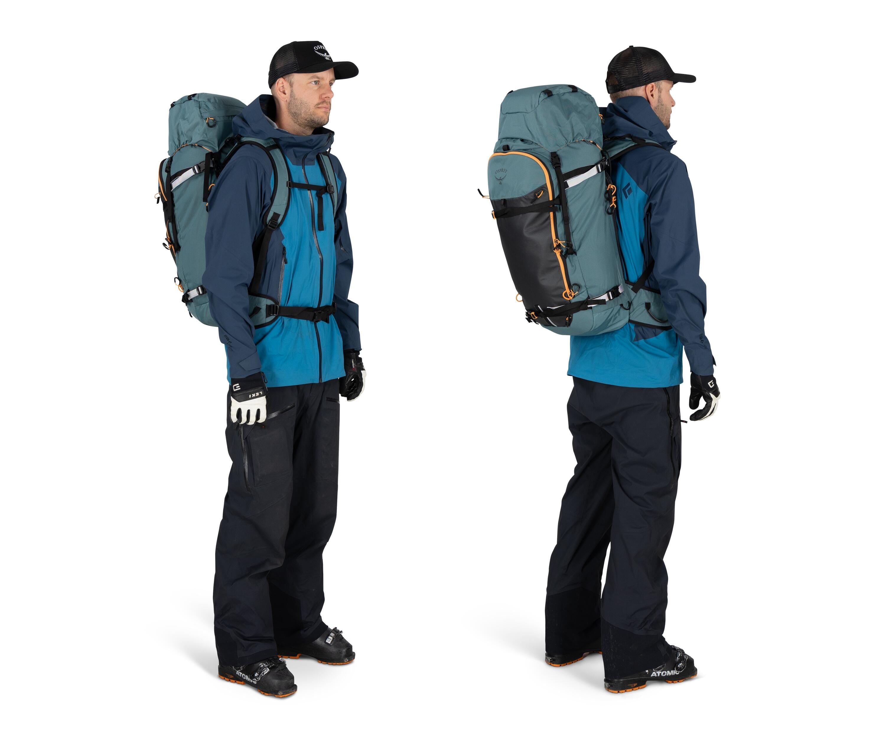 Osprey Soelden 45 Ski & Snowboard Backpack 45L in Cascade Blue-Raven Black — lifestyle