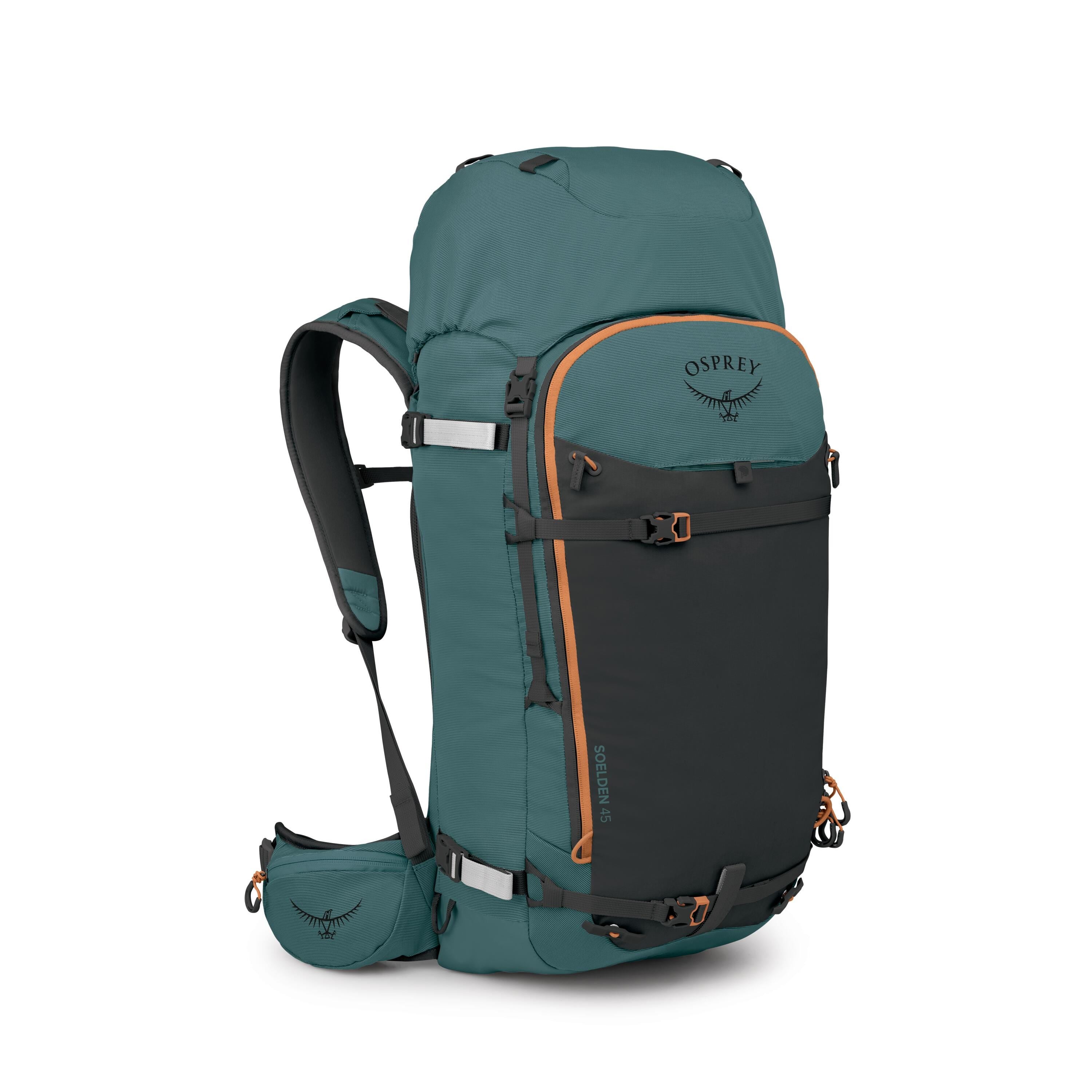 Osprey Soelden 45 Ski & Snowboard Backpack 45L in Cascade Blue-Raven Black — angle view 2