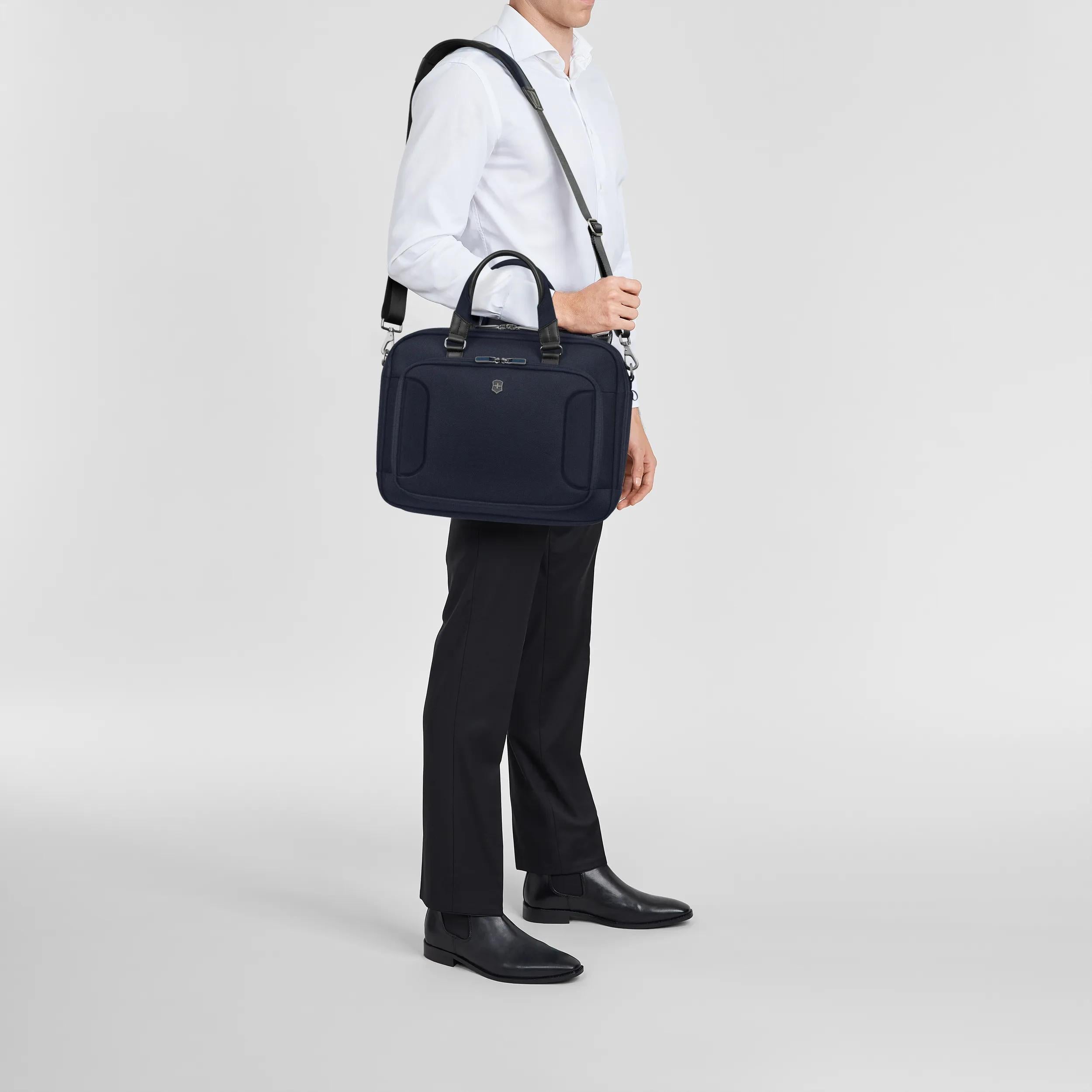 Victorinox Werks Traveler 7.0 Compact Briefcase in Navy Blue — lifestyle