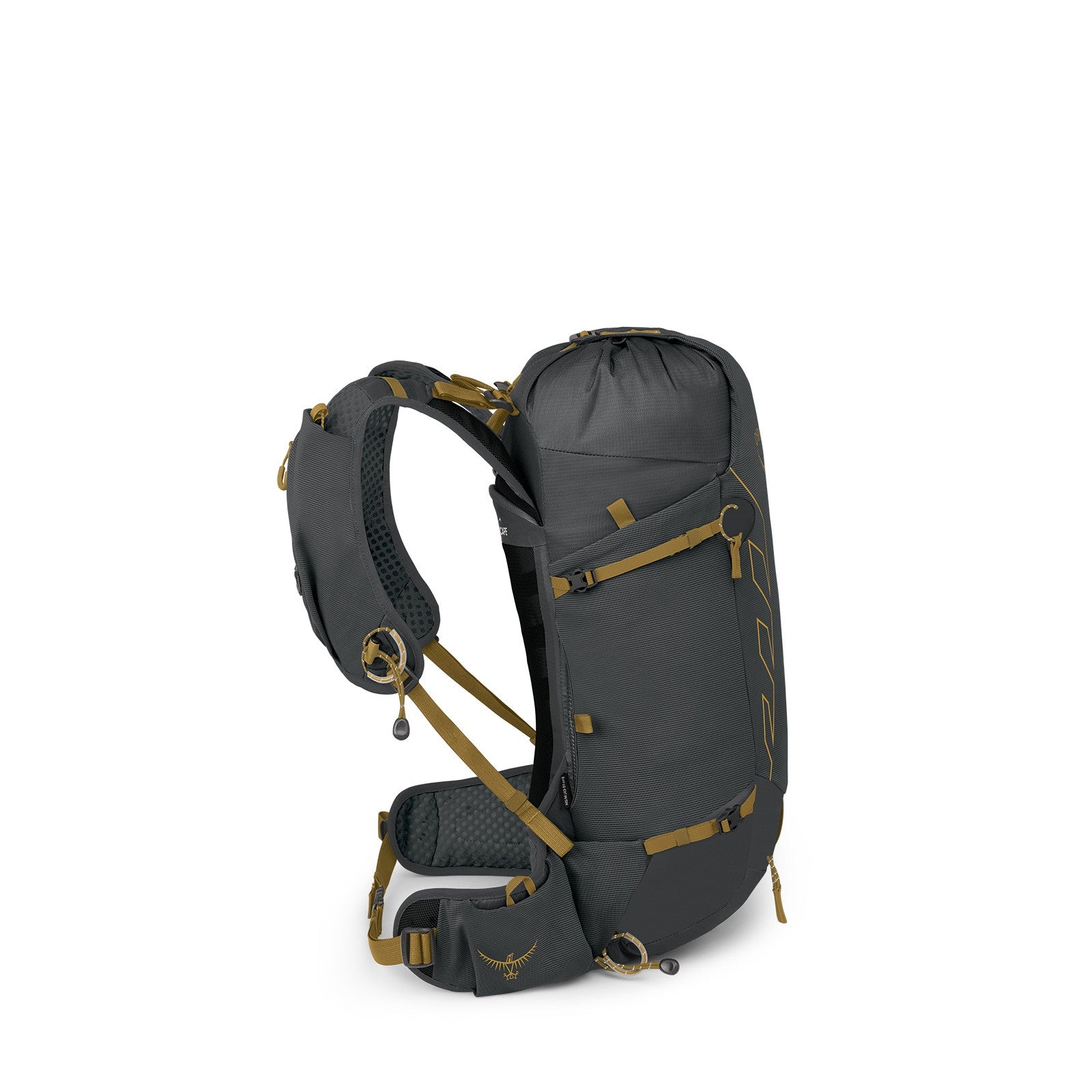 Osprey Talon Velocity 20 Hiking Backpack 20L in Dark Charcoal Tumbleweed Yellow — angle view 4