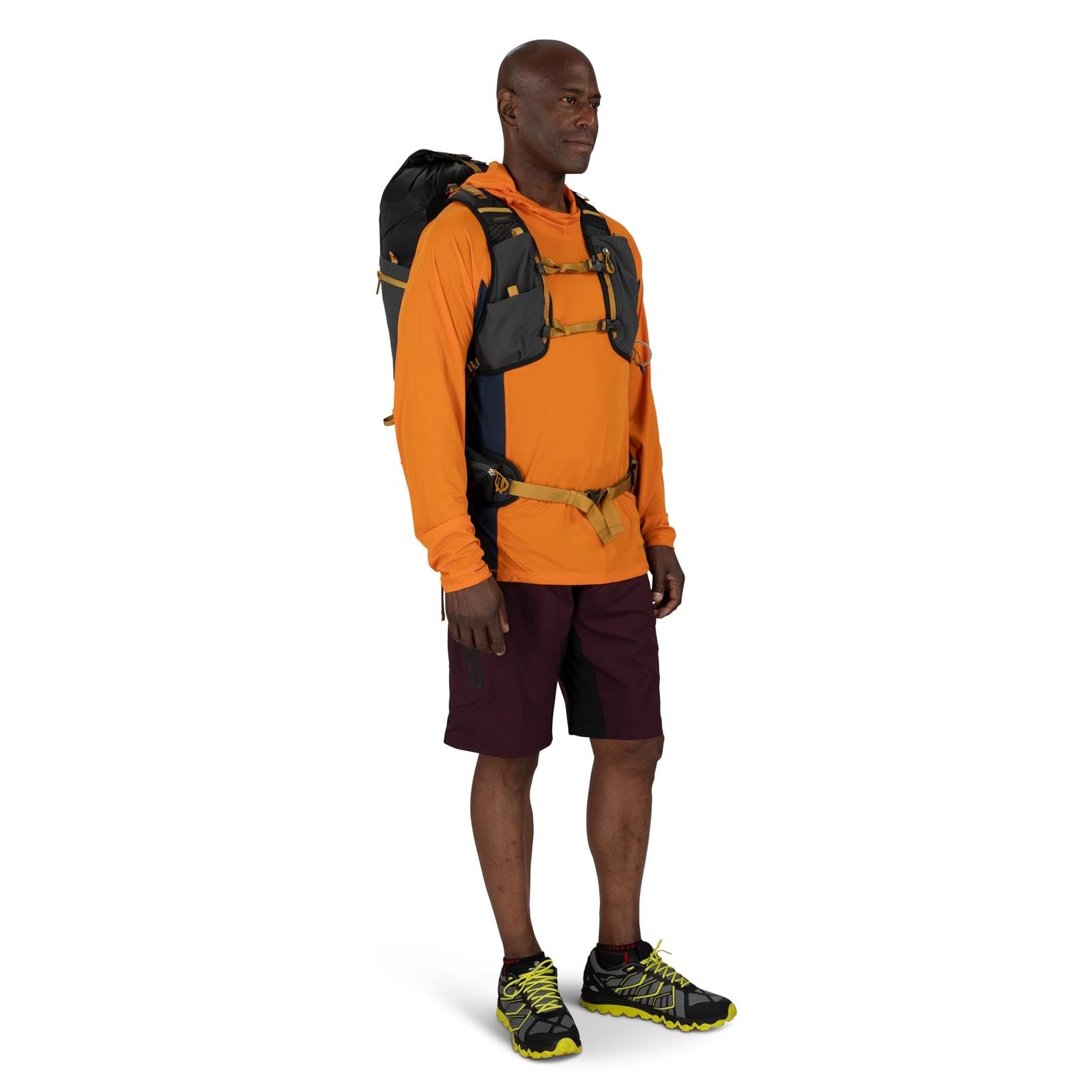 Osprey Talon Velocity 30 Hiking Backpack 30L in Dark Charcoal Tumbleweed Yellow — lifestyle