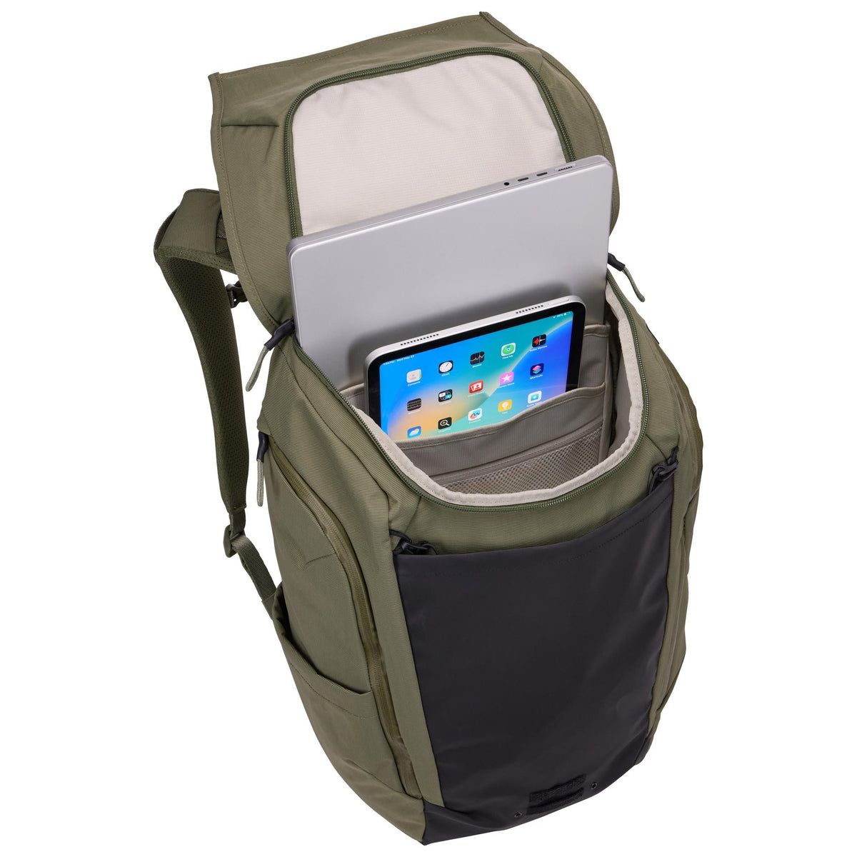 Thule Paramount Bike Commute Backpack 28L in Soft Green — interior view