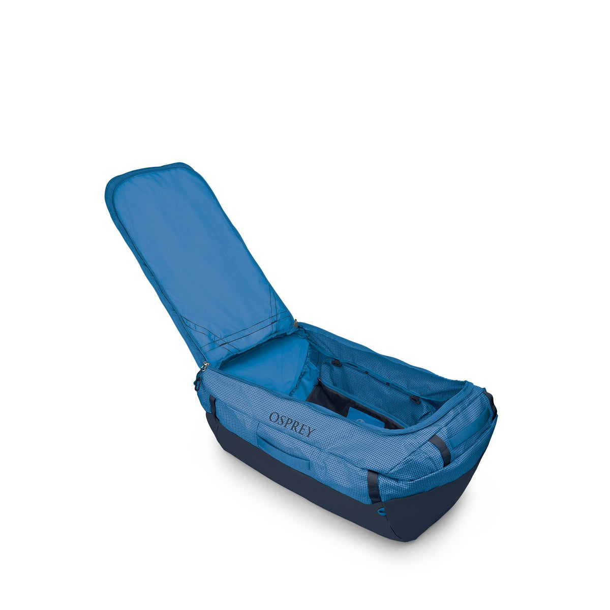 Osprey Transporter 120L Expedition Duffel Bag in Blue Flame / Nocturnal Blue — angle view 3