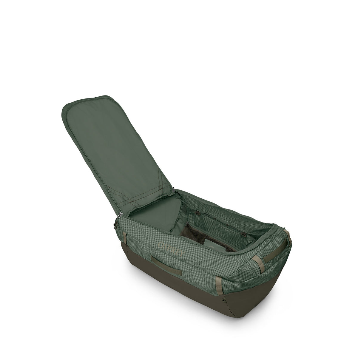 Osprey Transporter 120L Expedition Duffel Bag in Pine Leaf/Earl Grey — angle view 3