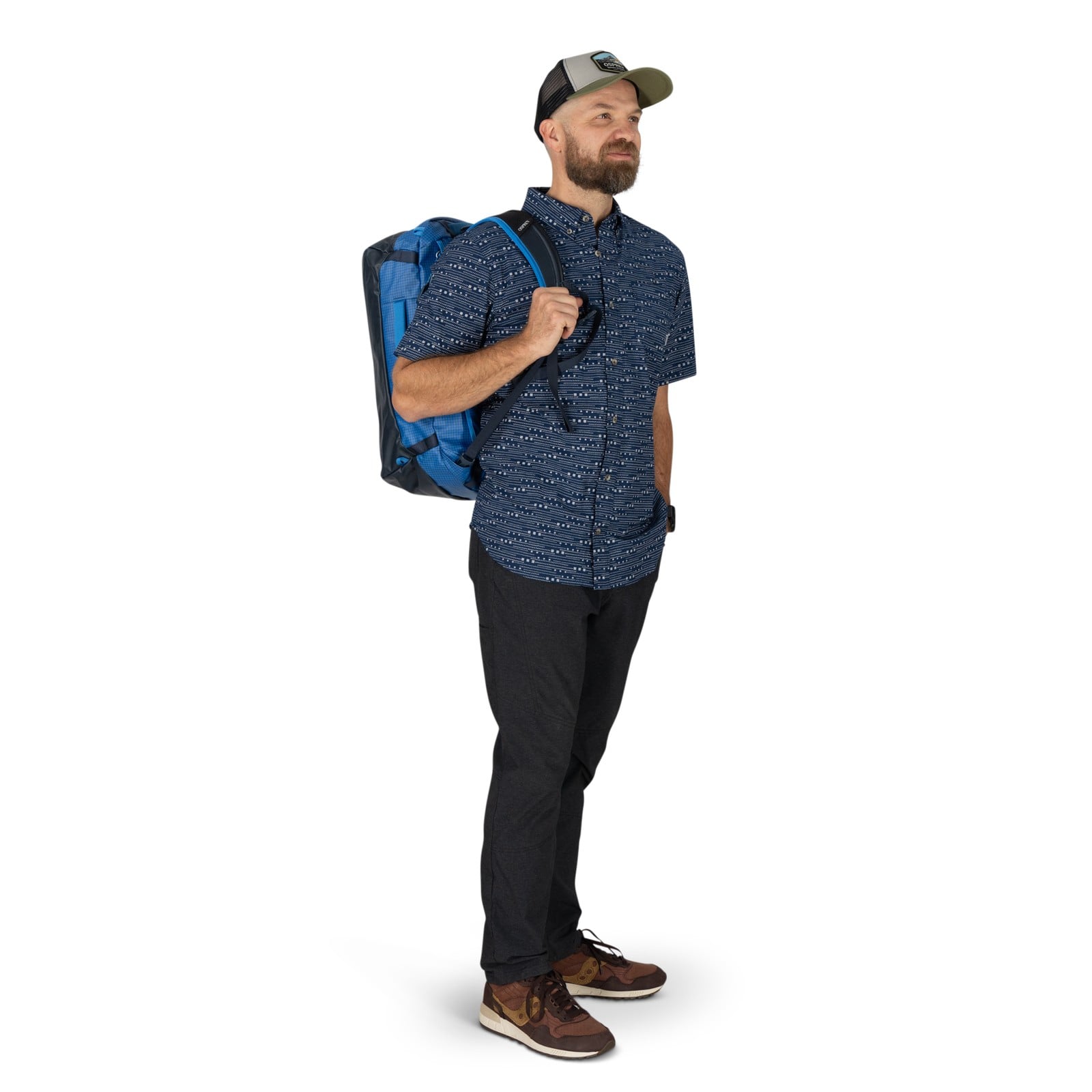 Osprey Transporter Duffel 30L in Blue Flame / Nocturnal Blue — lifestyle