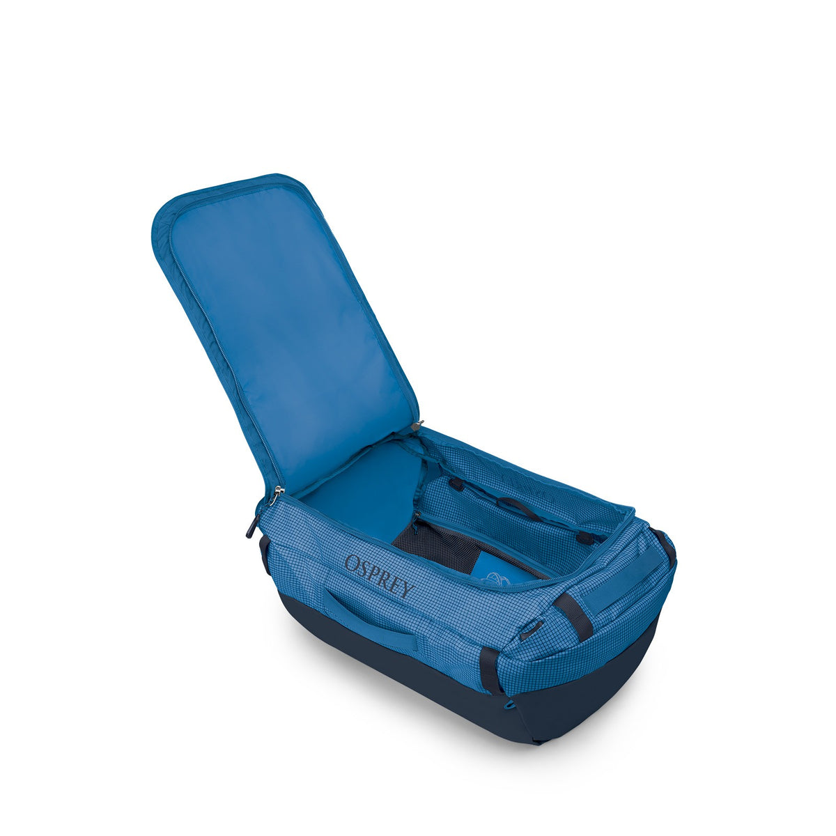 Osprey Transporter 65L Expedition Duffel in Blue Flame / Nocturnal Blue — angle view 3
