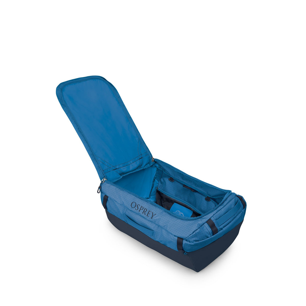 Osprey Transporter 95L Expedition Duffel in Blue Flame / Nocturnal Blue — angle view 3