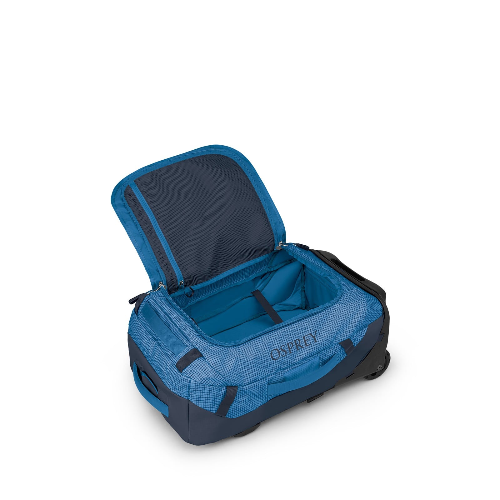 Osprey Transporter Wheeled Duffel 40L in Blue Flame / Nocturnal Blue — angle view 2