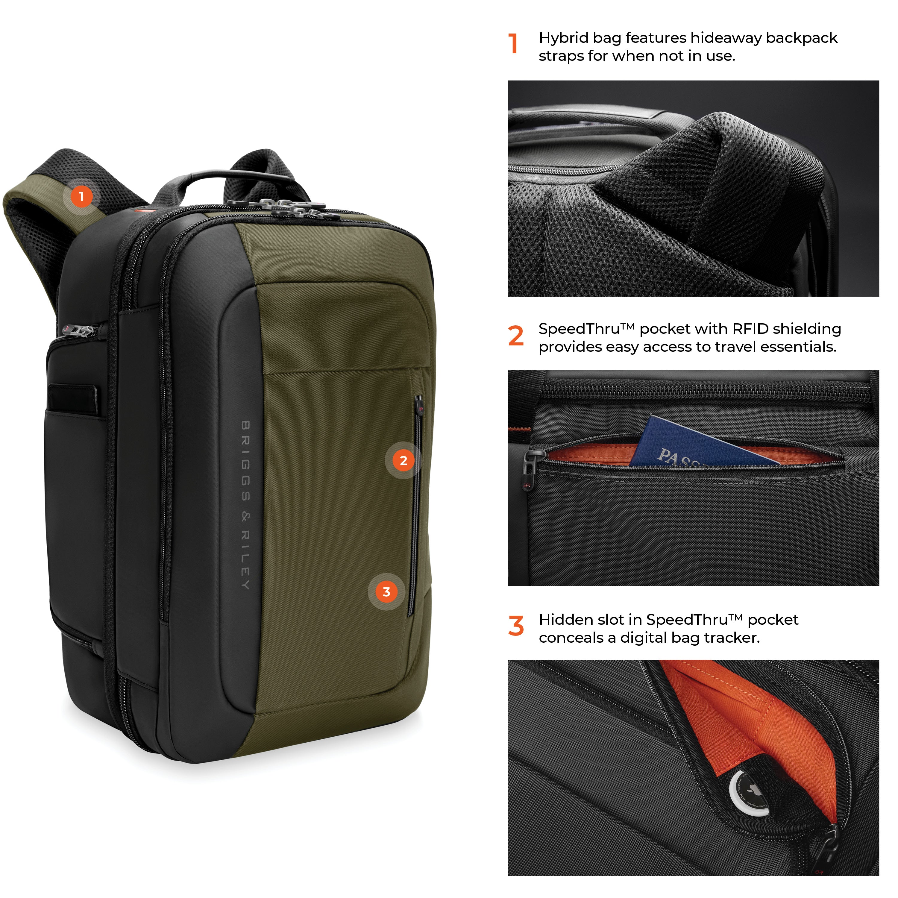Briggs & Riley ZDX Medium Convertible Backpack Duffle in Hunter — detail view # color_Hunter