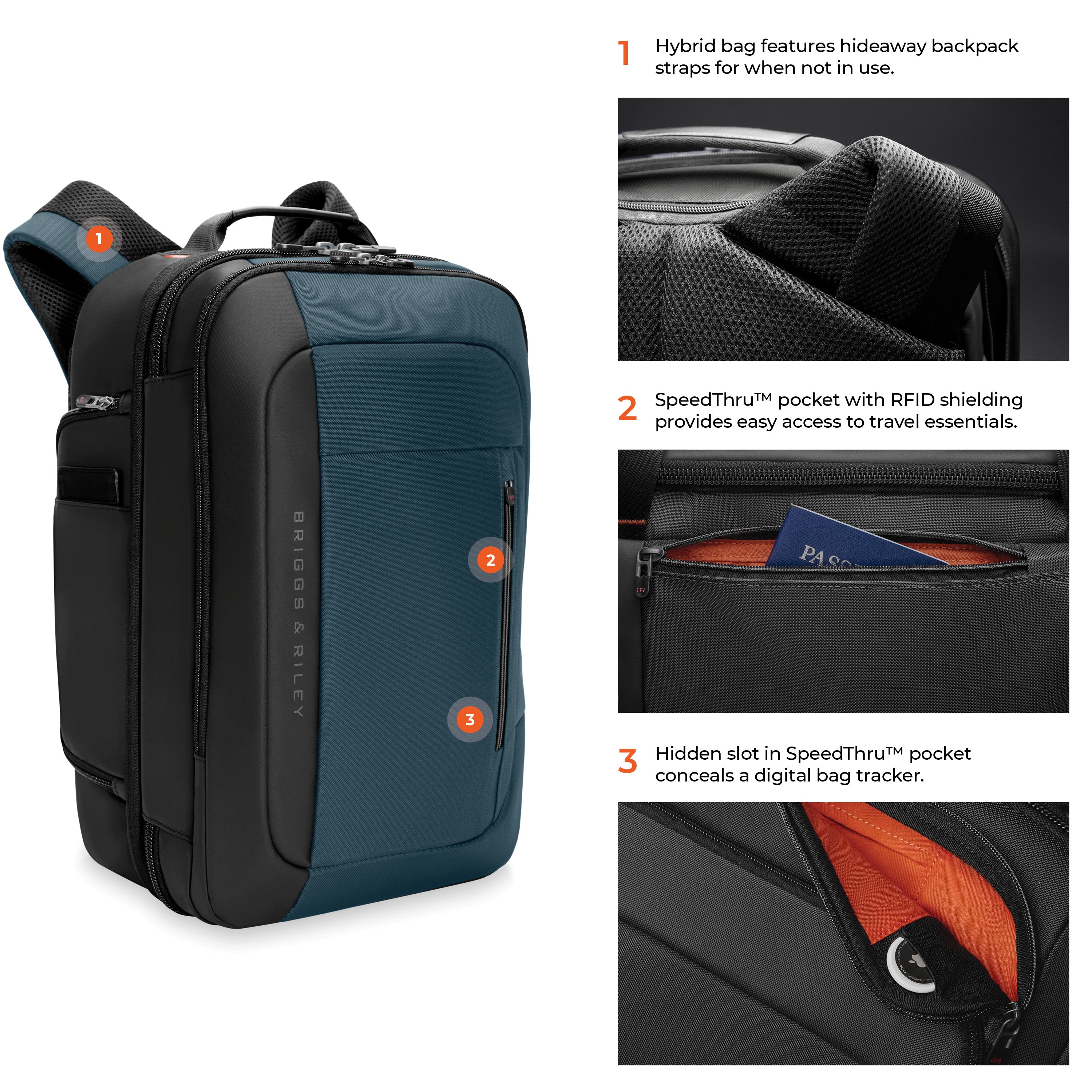 Briggs & Riley ZDX Medium Convertible Backpack Duffle in Ocean — detail view 2 # color_Ocean