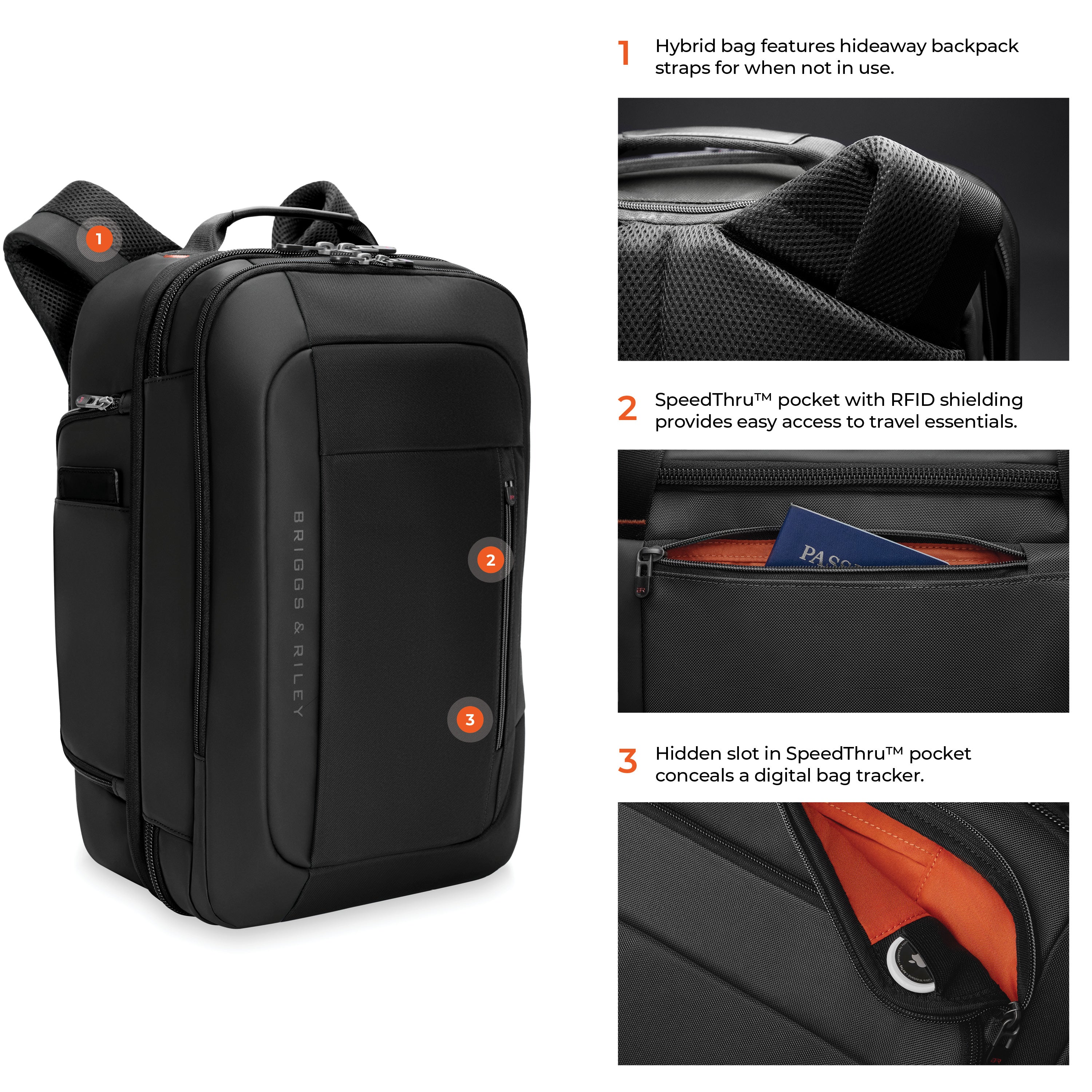 Briggs & Riley ZDX Medium Convertible Backpack Duffle in Black — detail view 8 # color_Black