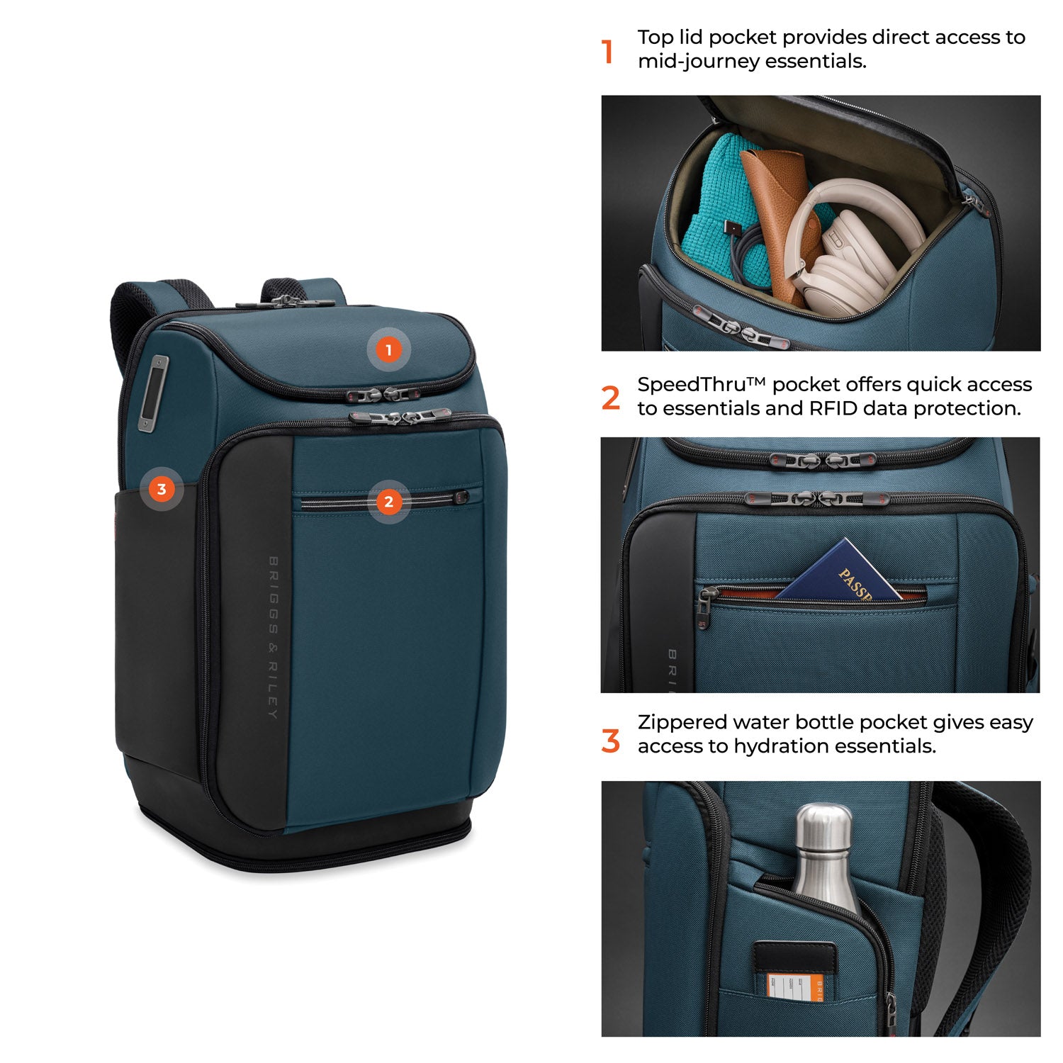 Briggs & Riley ZDX U-Zip Travel Backpack in Ocean — detail view 5 # color_Ocean