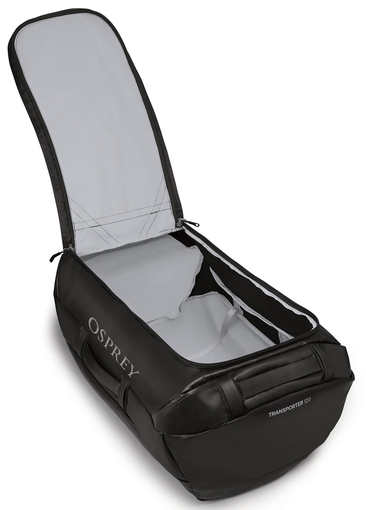Osprey Transporter 120L Expedition Duffel Bag in Black — interior view