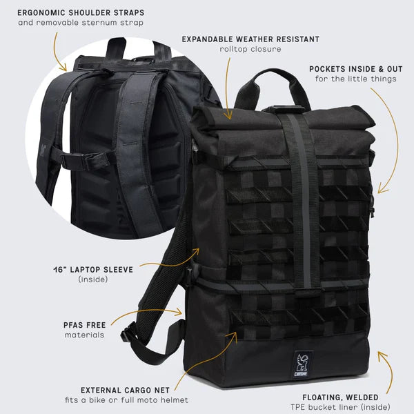 Chrome Industries Barrage 22L backpack – black, rolltop main compartment open