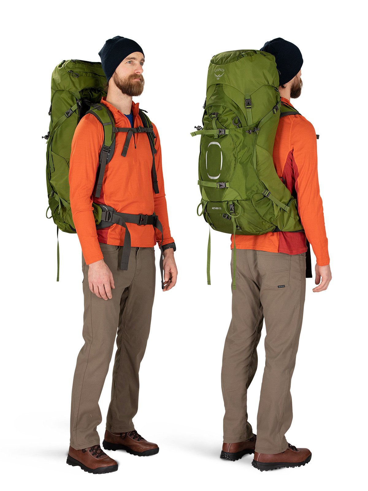 Osprey Aether 55 Hiking Backpack 55L in Garlic Mustard Green — lifestyle