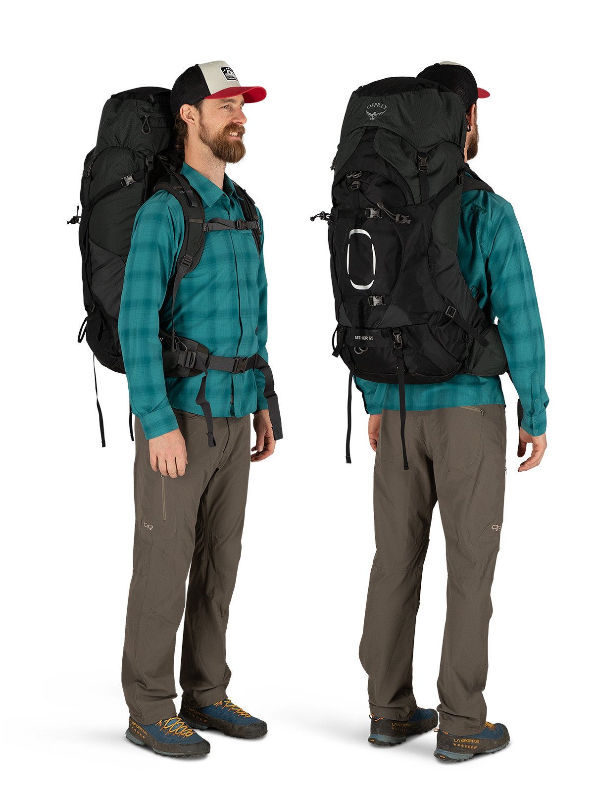 Osprey Aether 65 Hiking Backpack 65L in Black — lifestyle