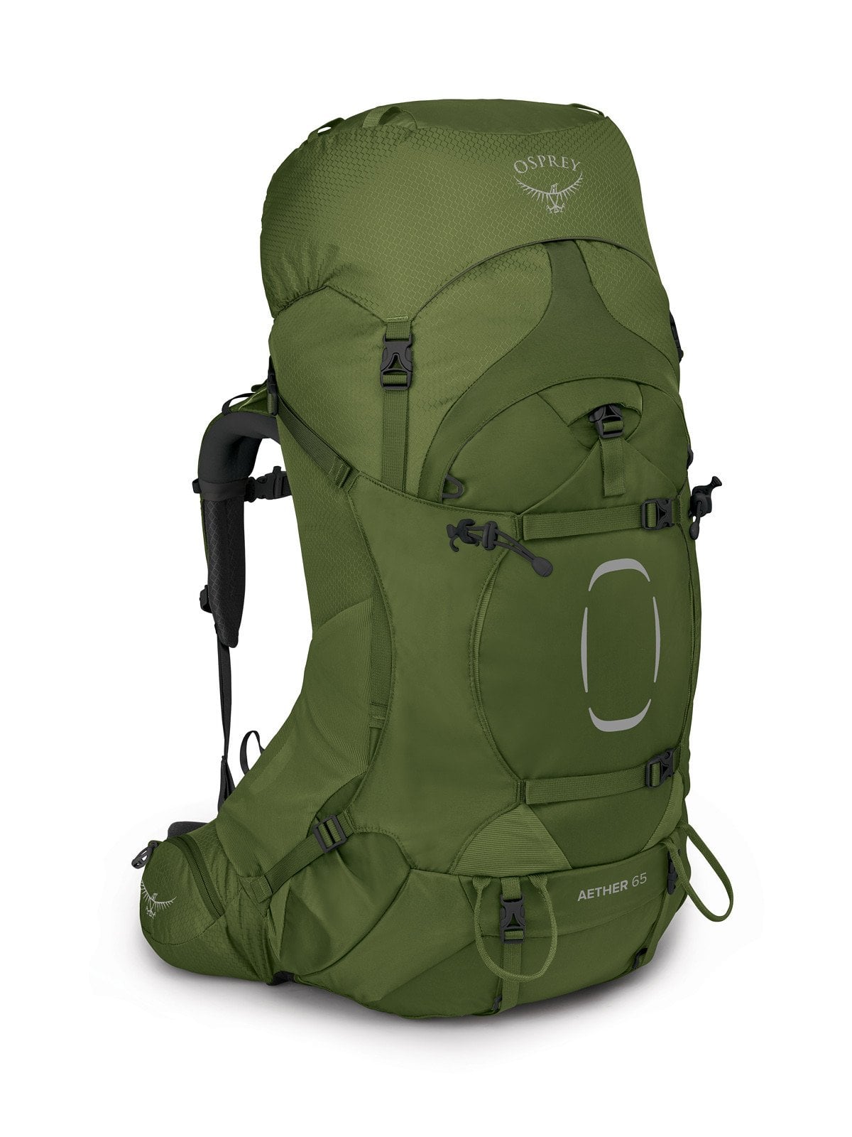 Osprey Aether 65 Hiking Backpack 65L in Garlic Mustard Green — front view