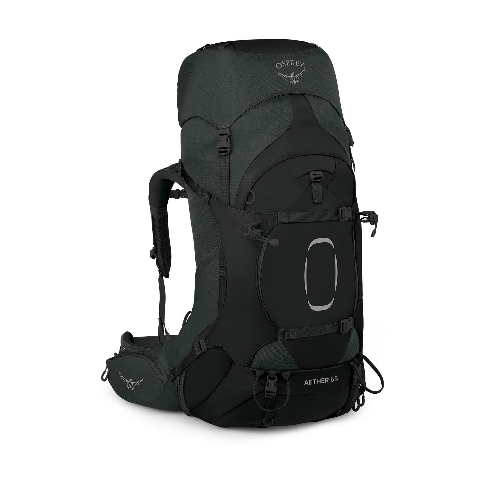 Osprey Aether 65 Extended Fit Hiking Backpack 65L in Black — front view