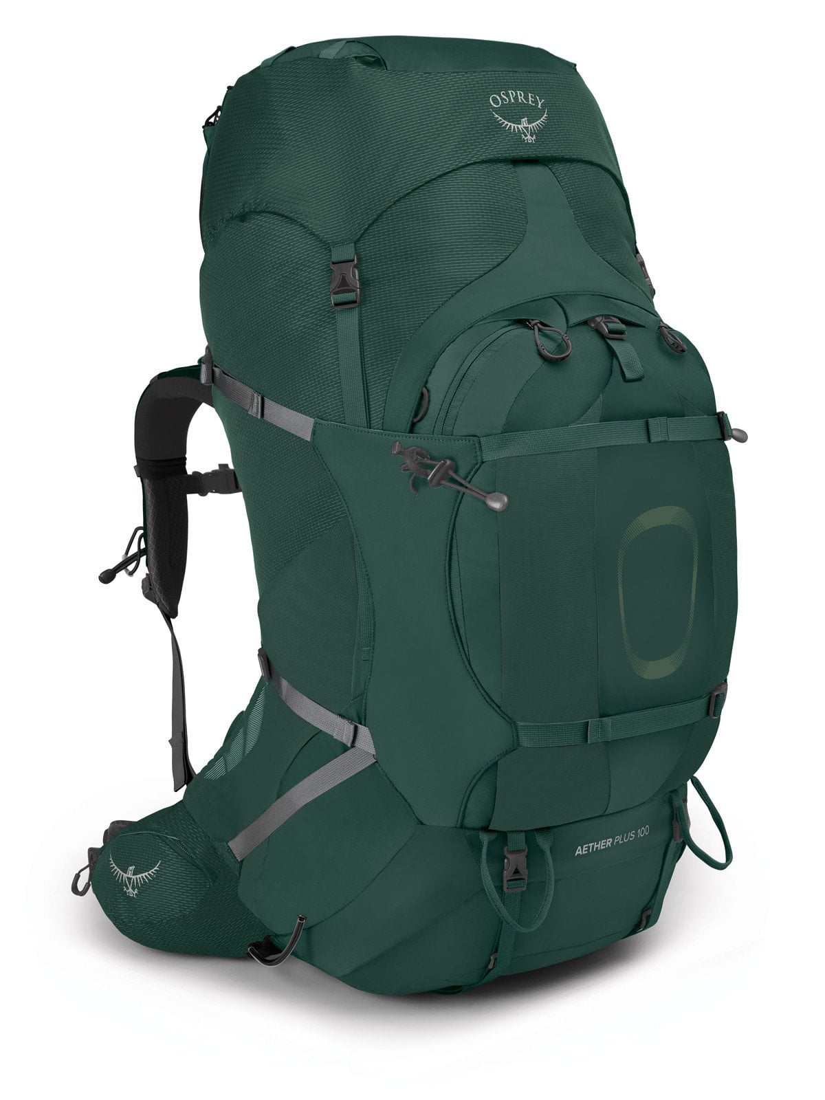 Osprey Aether Plus 100 Hiking Backpack 100L in Axo Green — front view