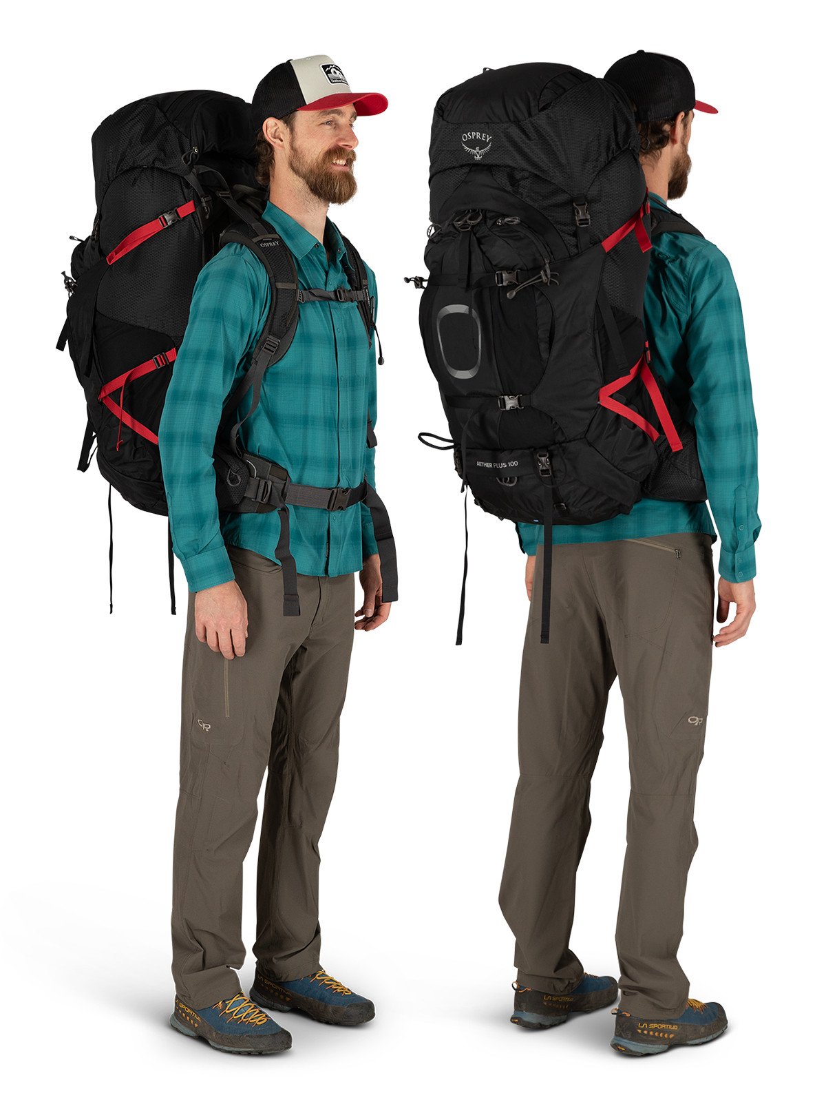 Osprey Aether Plus 85 Hiking Backpack 85L in Black — lifestyle