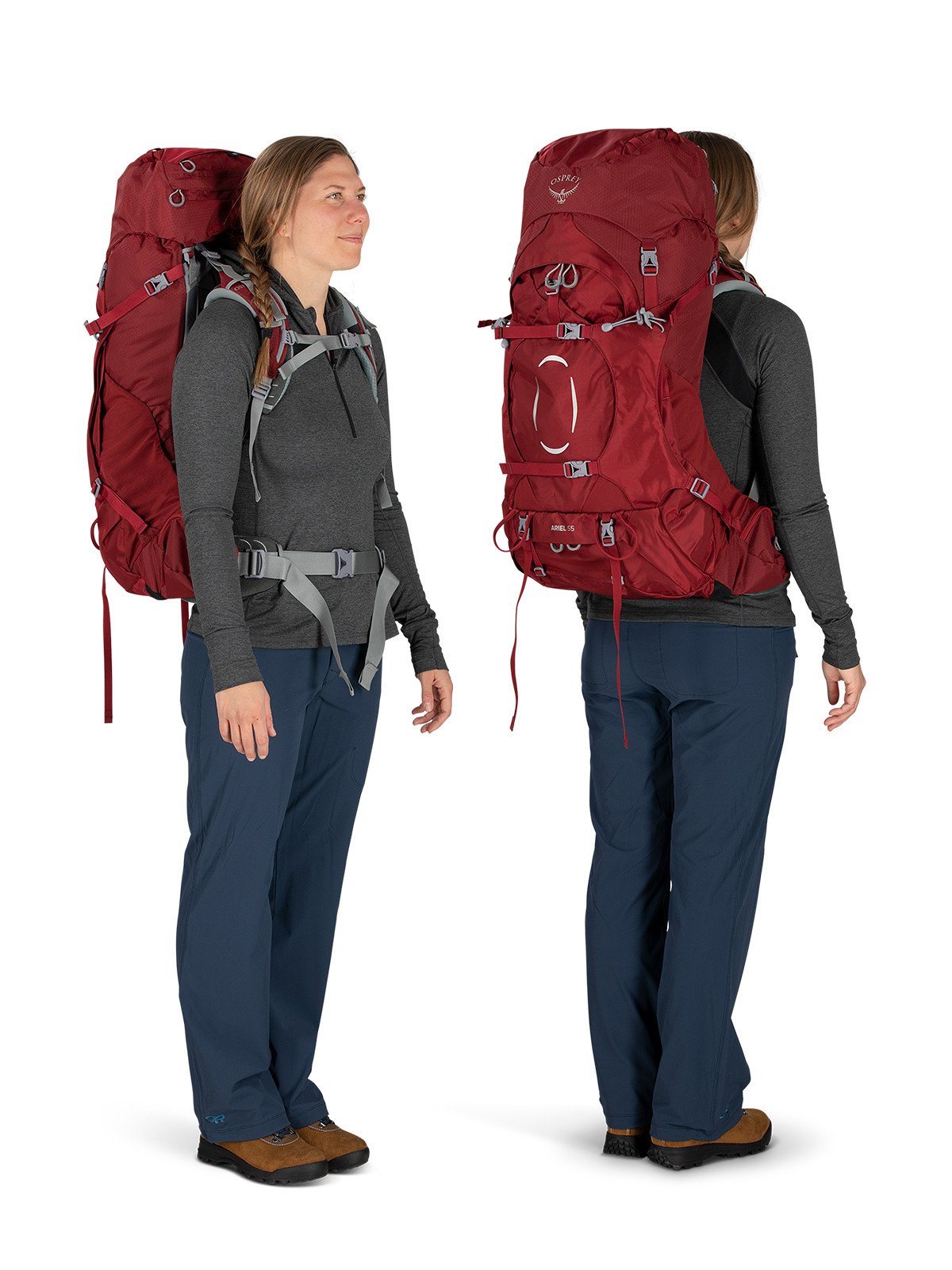 Osprey Ariel 55 Women's Hiking Backpack 55L in Claret Red — lifestyle