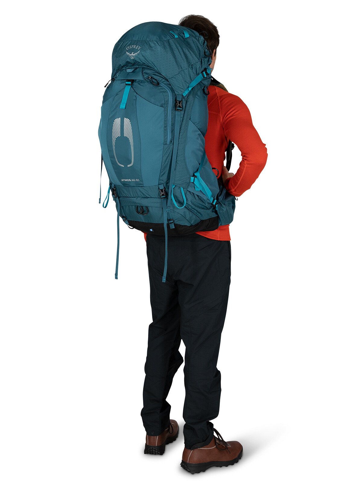 Osprey Atmos AG 65 Backpacking Pack 65L in Venturi Blue — lifestyle 2