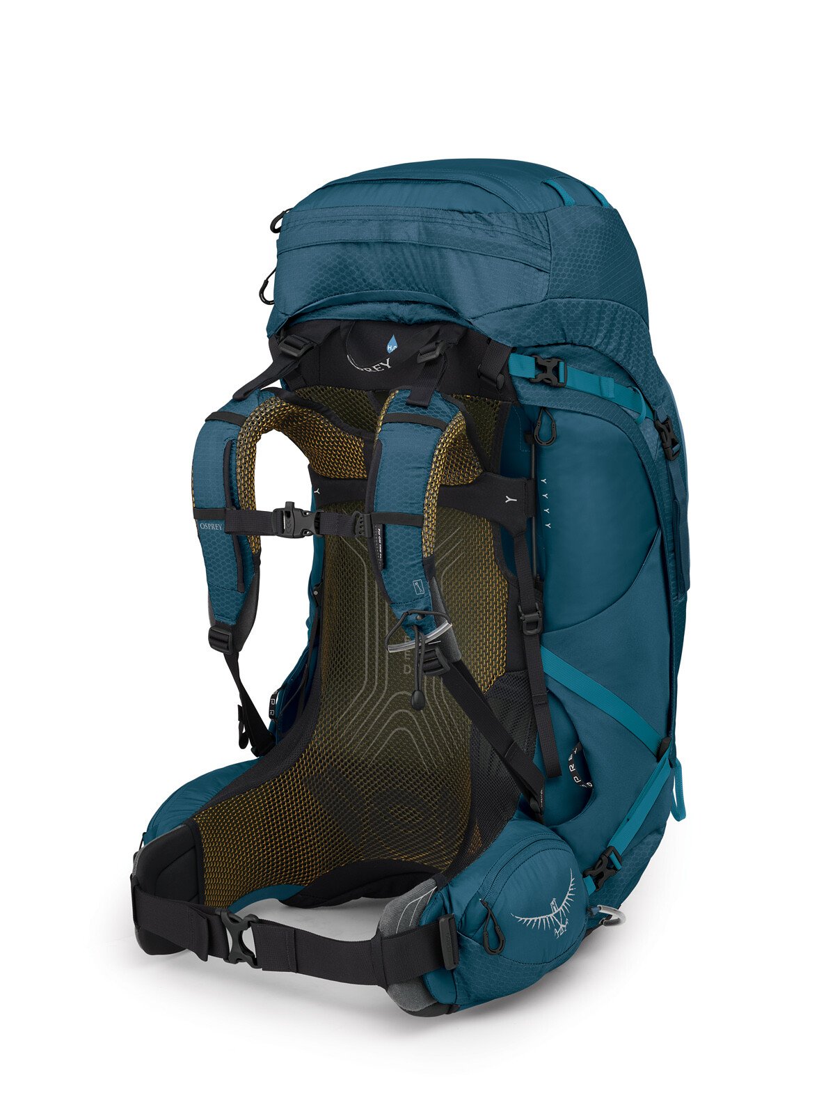 Osprey Atmos AG 65 Backpacking Pack 65L in Venturi Blue — back view