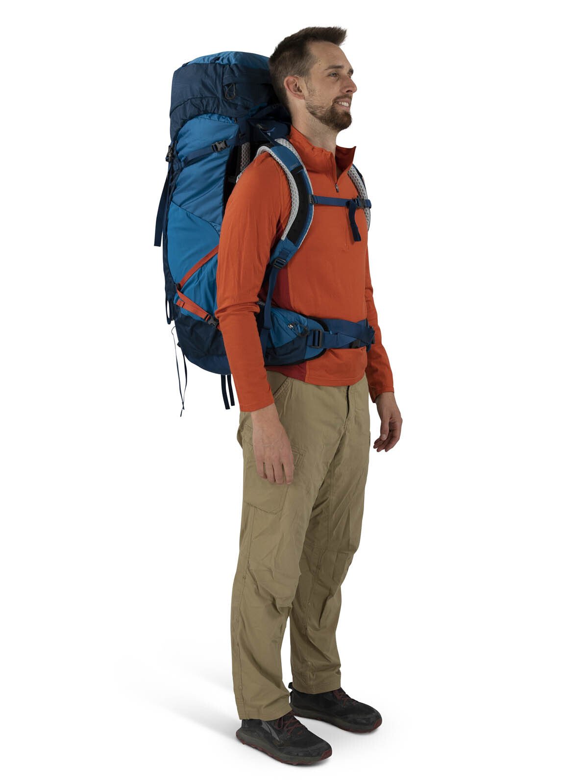 Osprey Atmos AG LT 65 Backpacking Pack 65L in Night Shift/Scoria Blue — lifestyle