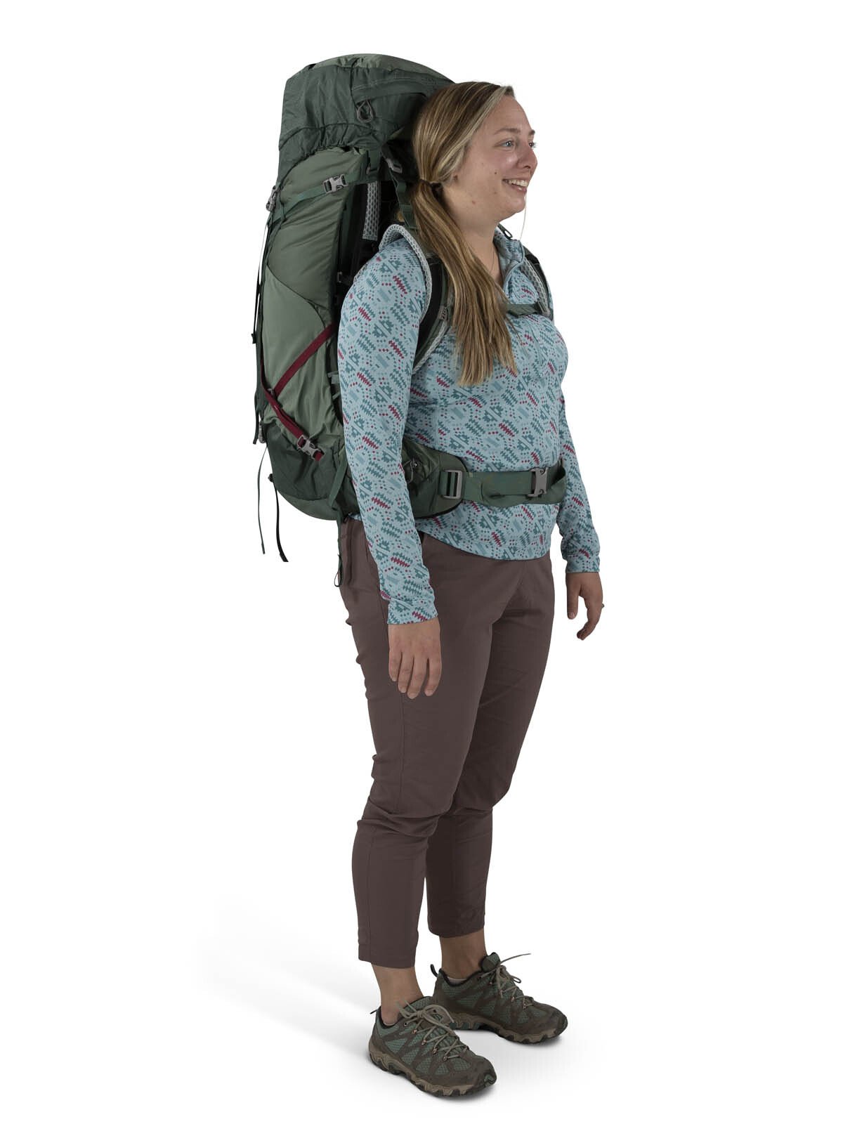 Osprey Aura AG LT 50 Backpacking Pack 50L in Koseret/Darjeeling Spring Green — lifestyle