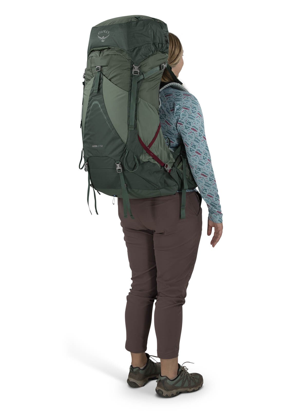Osprey Aura AG LT 50 Backpacking Pack 50L in Koseret/Darjeeling Spring Green — lifestyle 2