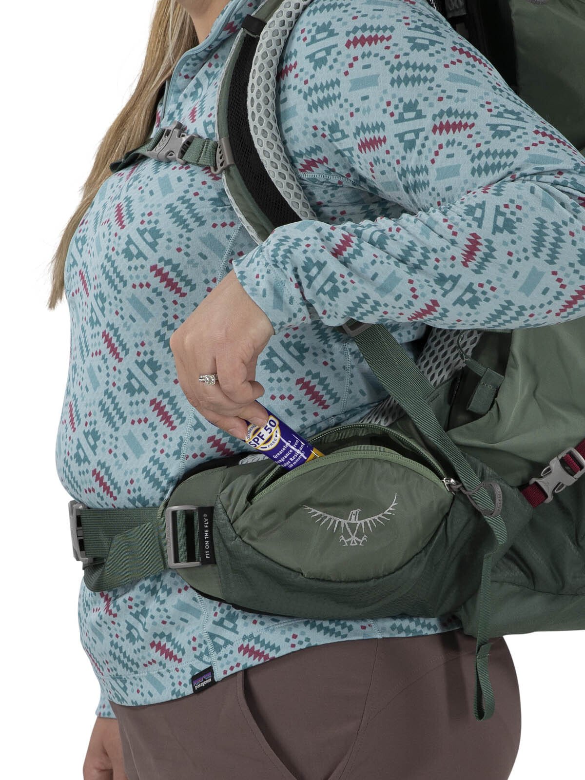Osprey Aura AG LT 50 Backpacking Pack 50L in Koseret/Darjeeling Spring Green — detail view 2