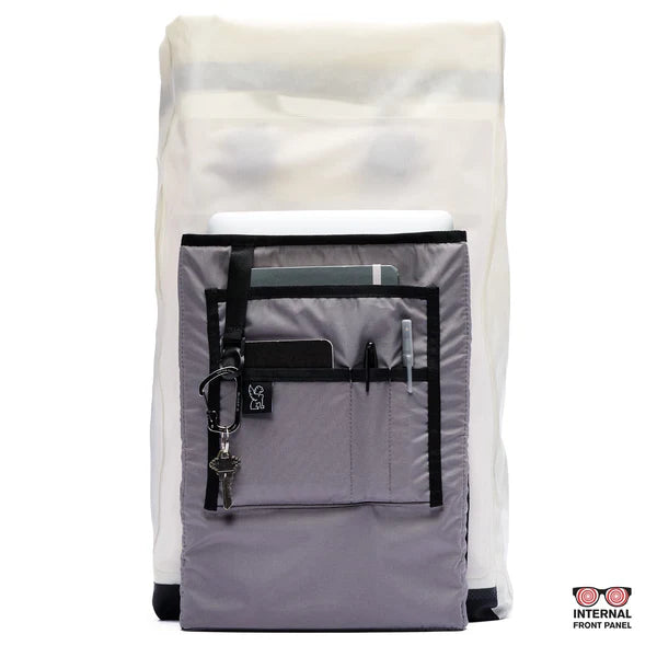 Chrome Industries Urban Ex Rolltop 30L backpack – natural tan and black, standing view