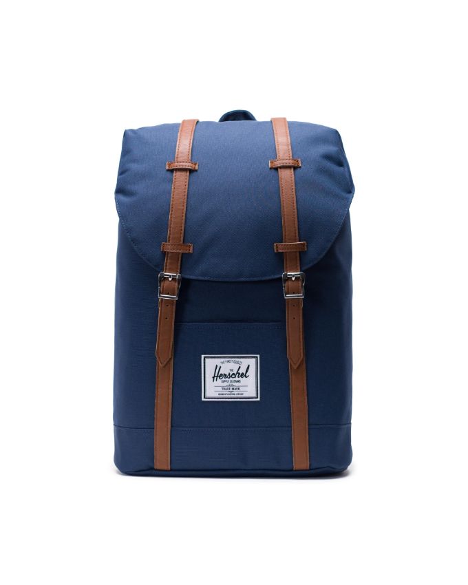 Herschel Retreat Backpack 19.5L – navy with tan straps, front view