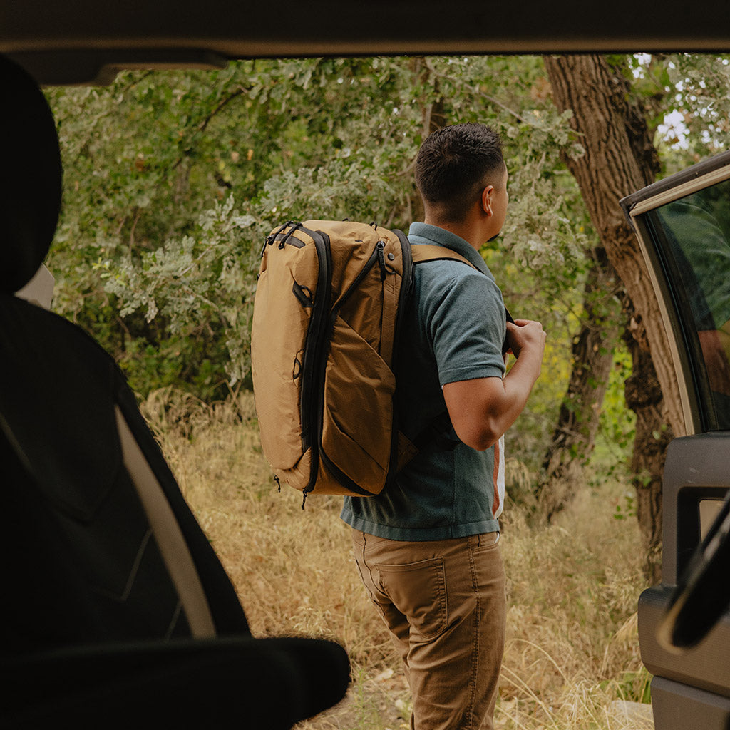 Peak Design Travel Backpack 45L in Coyote — lifestyle