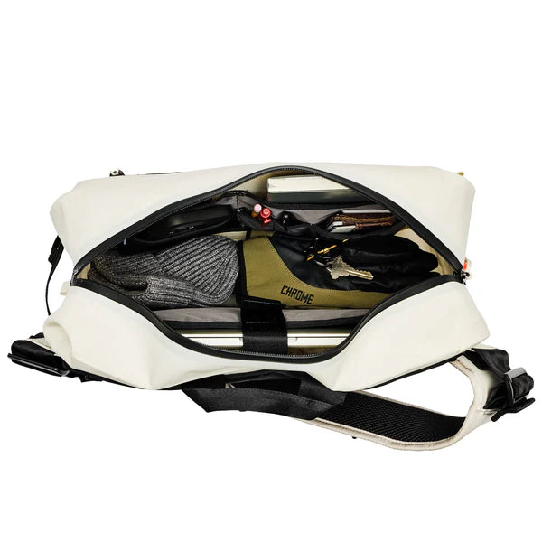 Chrome Industries Kadet Max WP 15L sling bag – black colorway, open flat showing contents