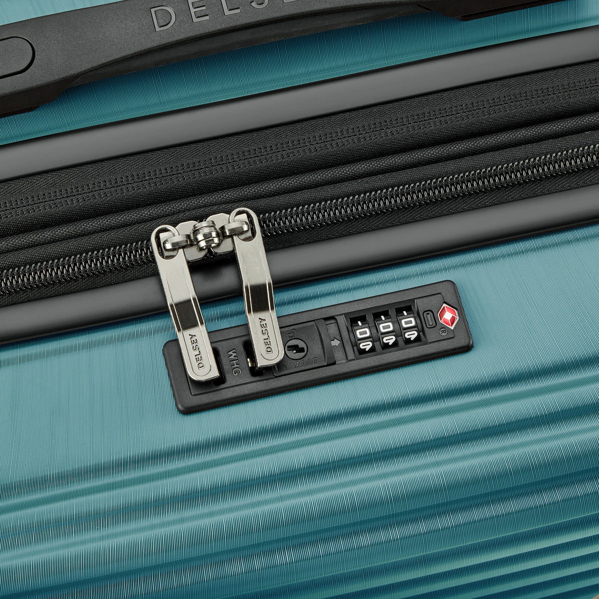 Delsey Cosmique Carry-On Plus Expandable Spinner in Dark Teal — detail view