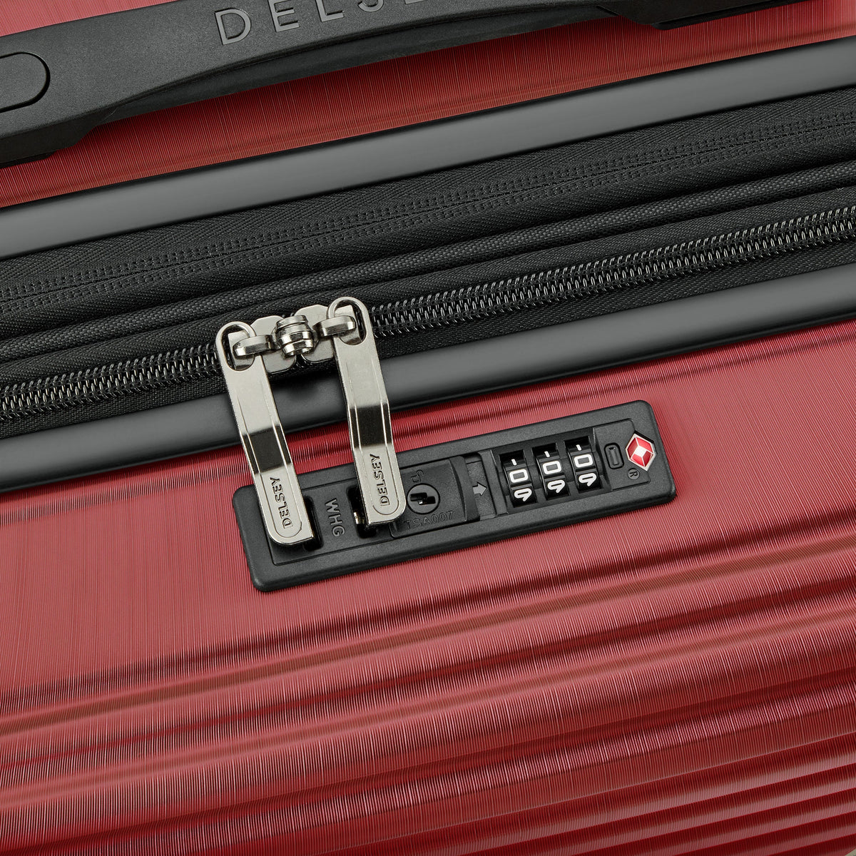 Delsey Cosmique Carry-On Plus Expandable Spinner in Syrah Red — detail view