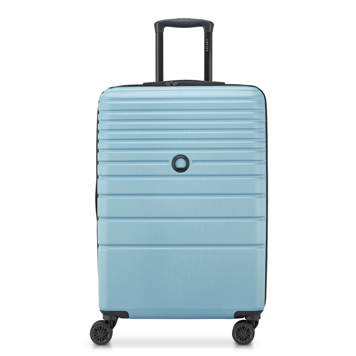 Delsey Cosmique Medium Expandable Spinner in Light Blue — front view