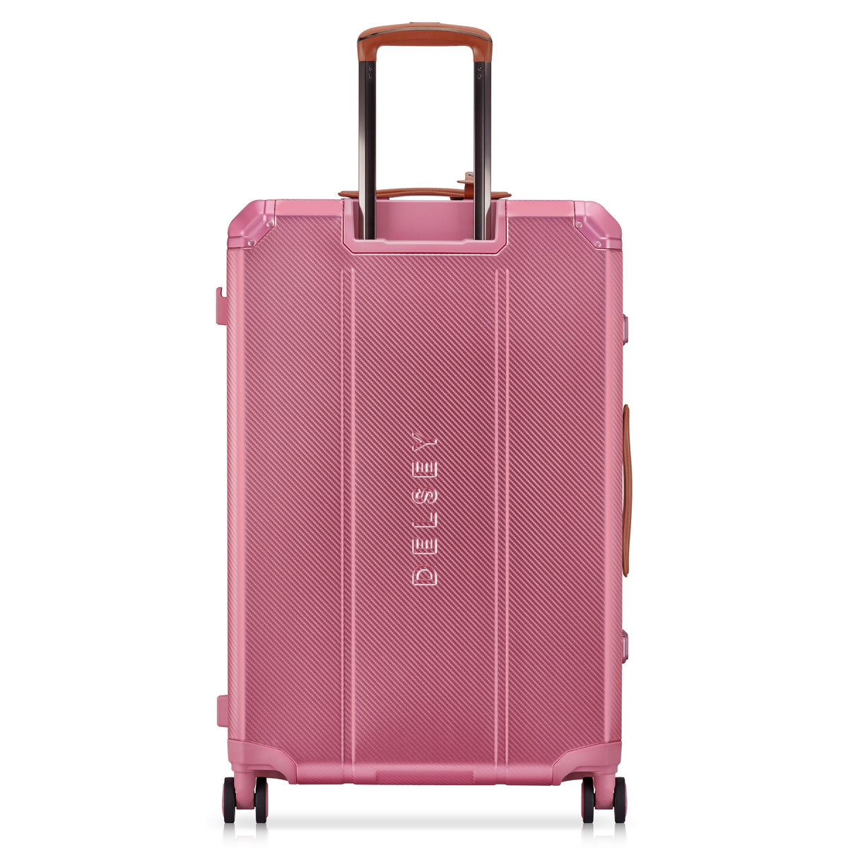 Delsey Alu'r Aluminum Large Spinner Upright in Pink — back view # color_Pink