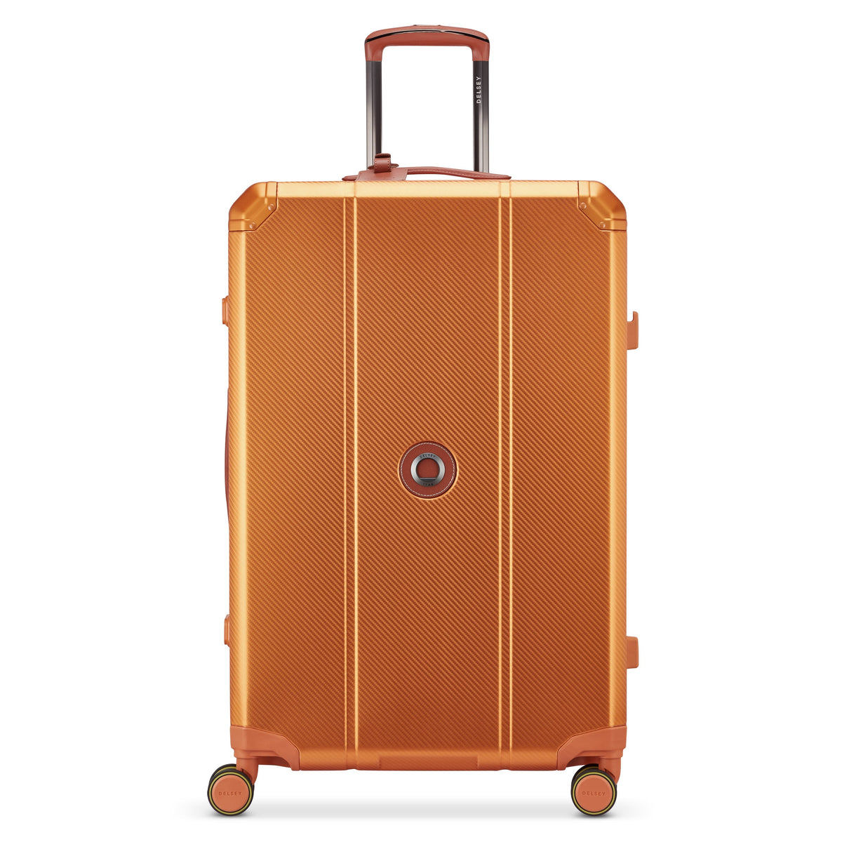 Delsey Alu'r Aluminum Large Spinner Upright in Orange — front view # color_Orange