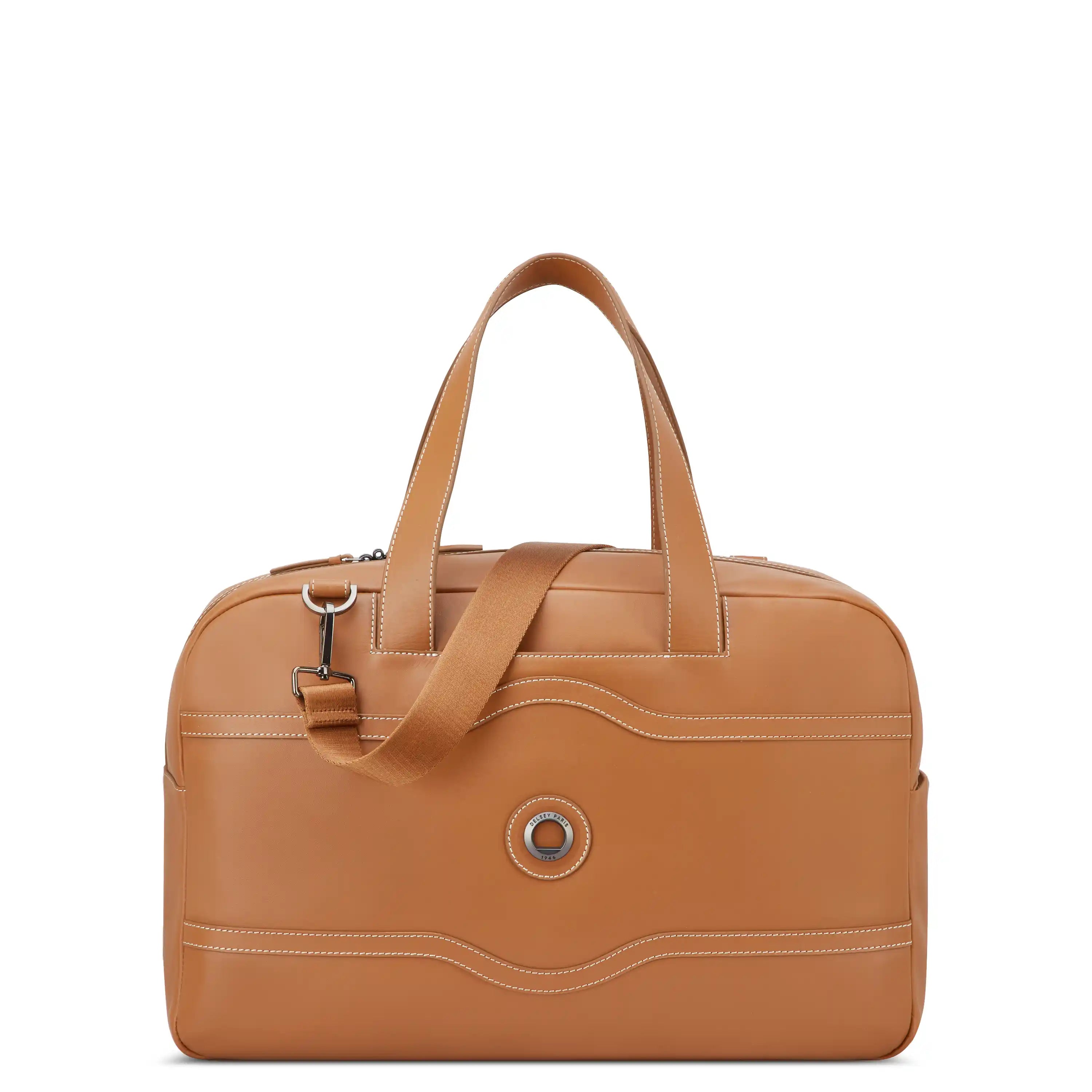 Delsey Chatelet Air 2.0 Leather Weekender Bag in Cognac — front view