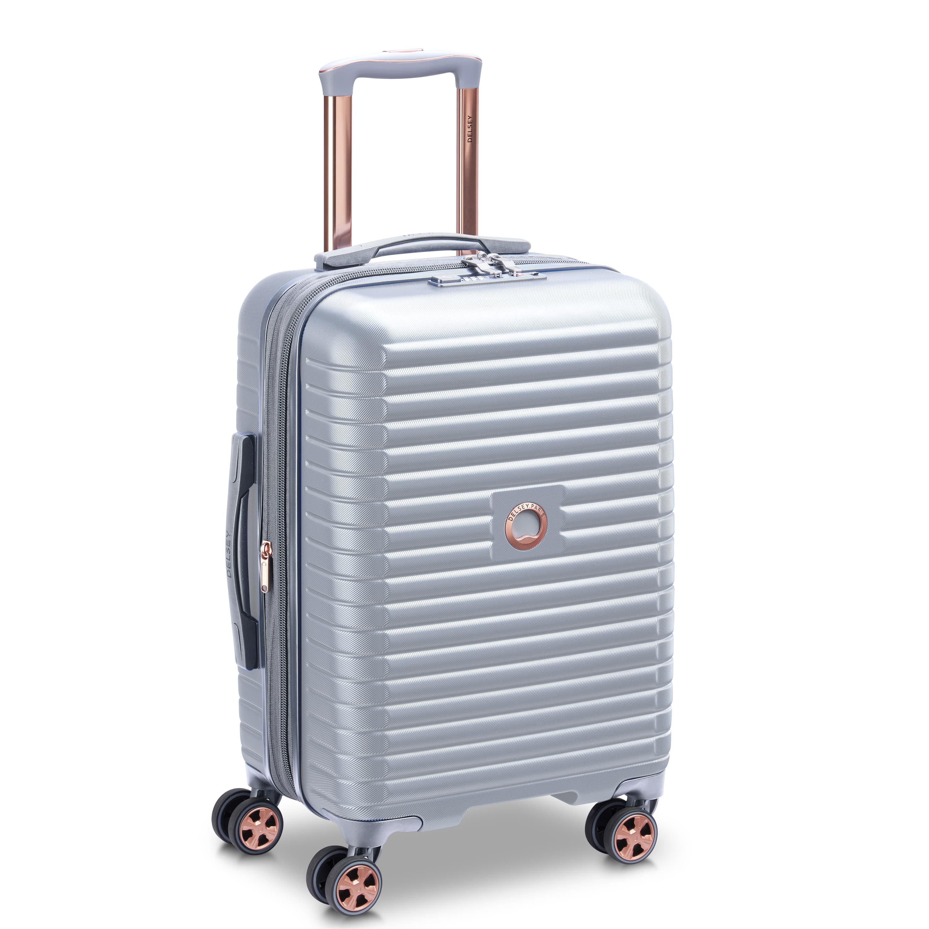 Delsey Cruise 3.0 Carry-On Plus Expandable Spinner in Platinum — front view # color_Platinum