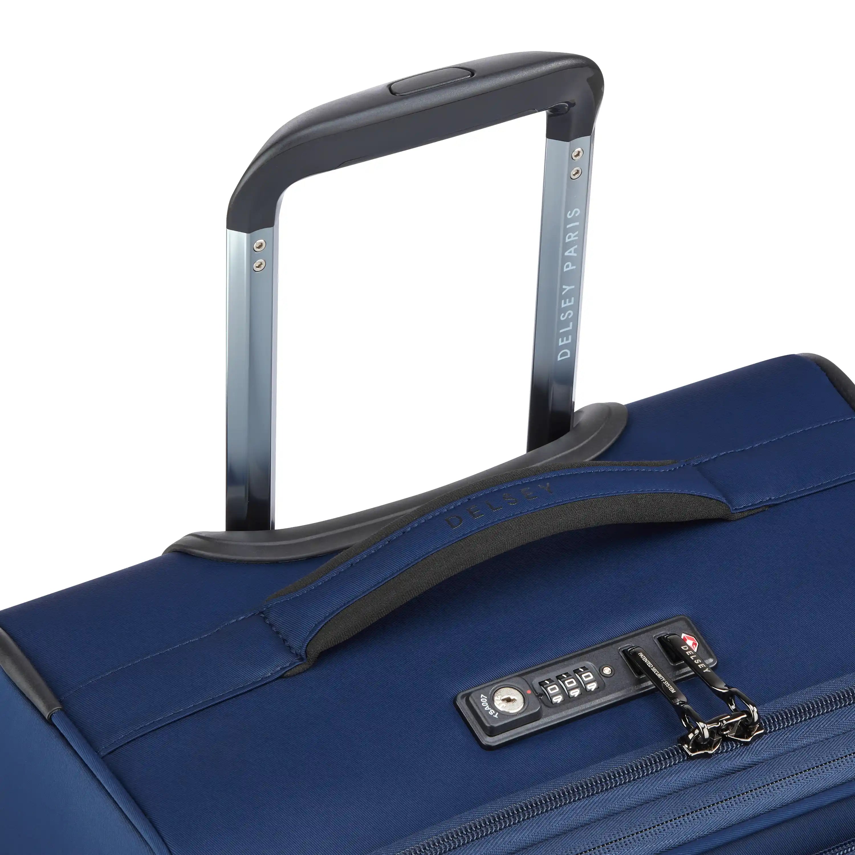 Delsey Cruise 3.0 Softside Carry-On Plus Expandable Spinner in Deep Sea Navy — detail view # color_Deep Sea Navy