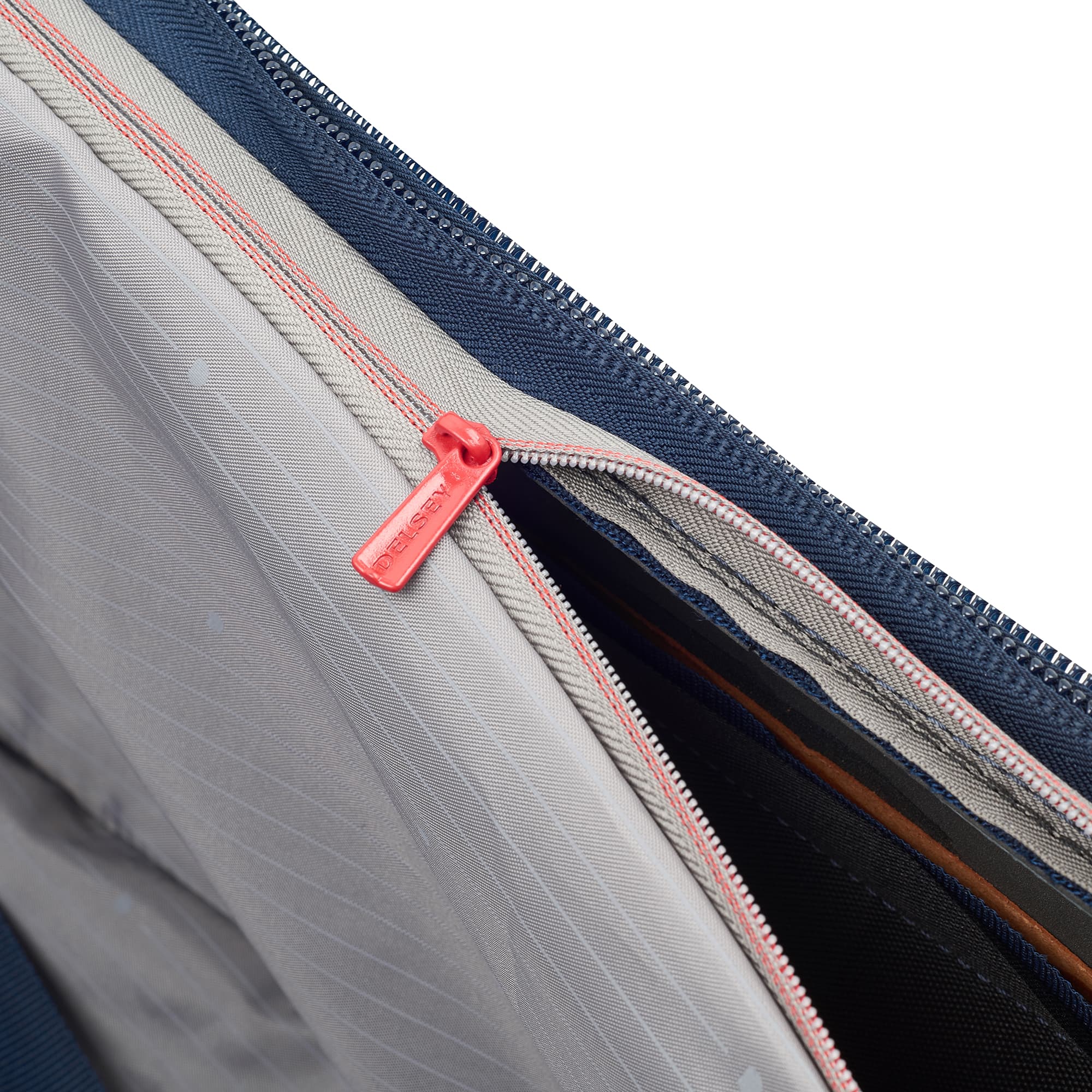 Delsey Helium DLX Medium Expandable Spinner in Navy — interior view # color_Navy