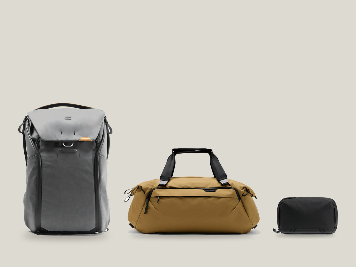 Peak Design Everyday Backpack, Travel Duffel and Tech Pouch, tallest to shortest