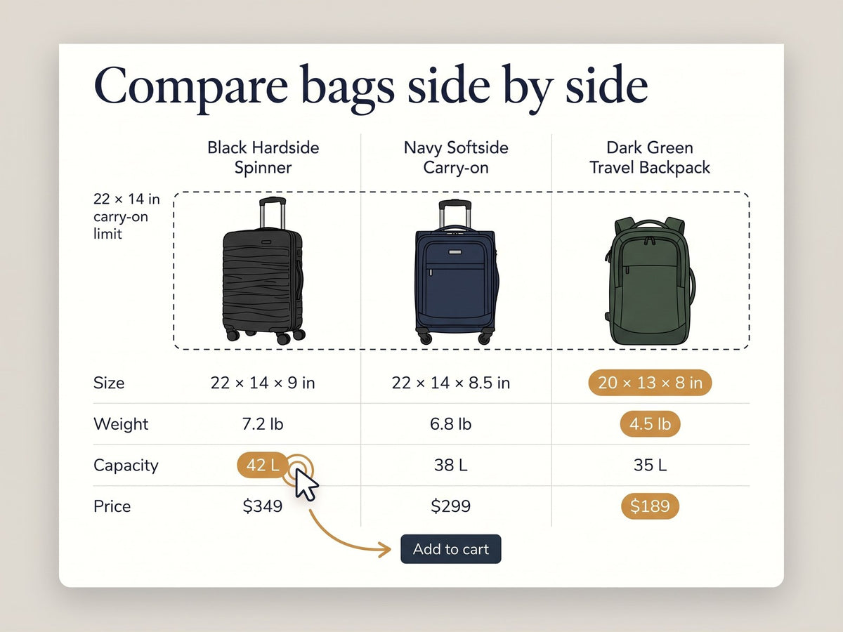 Compare Bags: size, weight, capacity and price side by side
